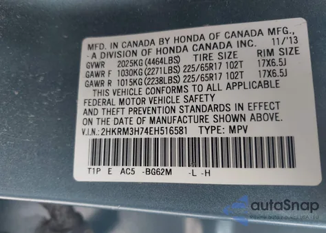 2014 Honda Cr-V Exl from USA, damaged, VIN 2HKRM3H74EH516581